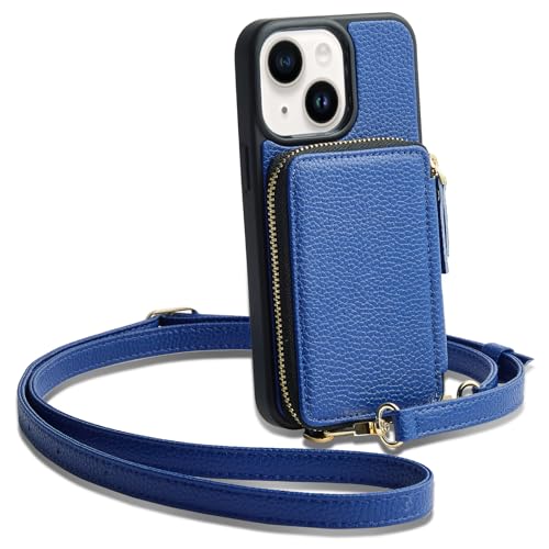 ZVE Schutzhülle für iPhone 15, Crossbody-Brieftasche, Kartenhalter, Handygeldbörse für Damen, RFID-blockierend, Reißverschluss, Leder mit Handschlaufe, Marineblau von ZVE