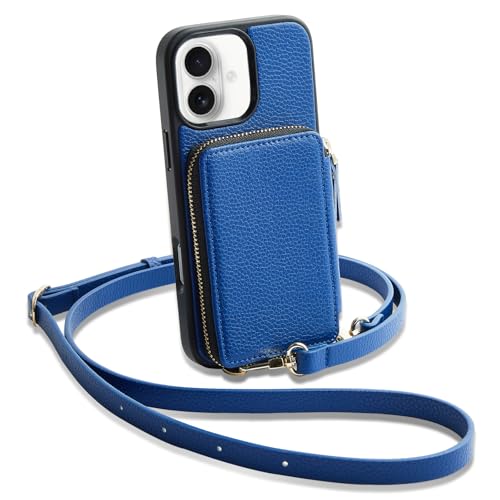 ZVE Schutzhülle für iPhone 16, Leder, mit Reißverschluss, Brieftaschen-Schutzhülle, Handschlaufe, mit Crossbody-Handschlaufe, 15,5 cm (6,1 Zoll), Marineblau von ZVE