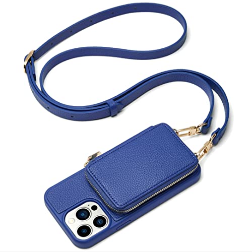 ZVE iPhone 13 Pro Crossbody Brieftaschen-Hülle, Reißverschluss-Handyhülle mit RFID-blockierendem Kartenhalter, Handgelenkschlaufe, Geschenk für Frauen, 15.5 cm, 2021 - Marineblau von ZVE