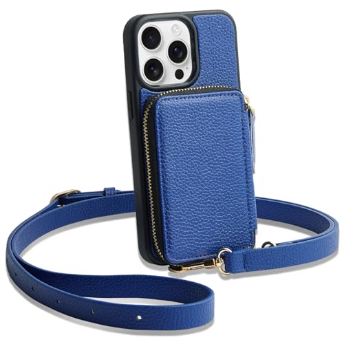 ZVE iPhone 13 Pro Crossbody Brieftaschen-Hülle, Reißverschluss-Handyhülle mit RFID-blockierendem Kartenhalter, Handgelenkschlaufe, Geschenk für Frauen, 15.5 cm, 2021 - Marineblau von ZVE