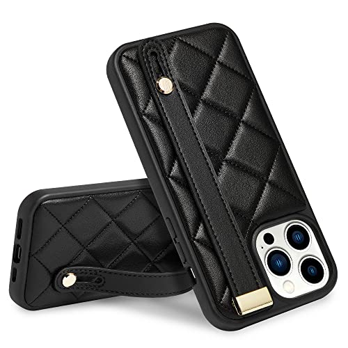 ZVE iPhone 13 Pro Kickstand Hülle, Stoßfeste Hülle mit Ständer Gesteppte Leder Schutzhülle für Frauen Strap Cover Hülle Kompatibel mit iPhone 13 Pro 6,1 Zoll - Schwarz von ZVE