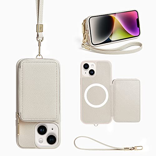 ZVE iPhone 14 Magsafe Wallet Case, Magnetisches kabelloses Laden Handyhülle mit RFID-Kartenhalter Handschlaufe für Frauen, Reißverschluss Leder Geldbörse Cover für iPhone 14, 6,1 Zoll - Weiß von ZVE