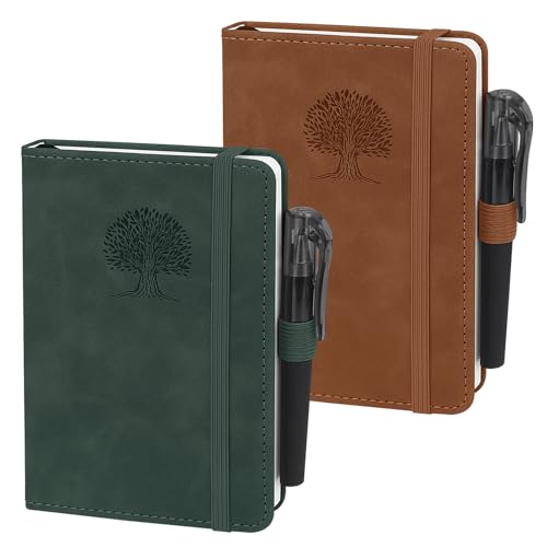 ZWQLZG Notizbuch A6, 2 Stück Notizbücher A6, Premium 80 GSM Papier, 192 Seiten Blanko mit Gummizug, Taschen Notizbücher aus PU Leder für Schule, Arbeit und Meetings (Braun & Grün) von ZWQLZG
