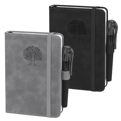ZWQLZG Notizbuch A6, 2 Stück Notizbücher A6, Premium 80 GSM Papier, 192 Seiten Blanko mit Gummizug, Taschen Notizbücher aus PU Leder für Schule, Arbeit und Meetings (Schwarz & Grau) von ZWQLZG
