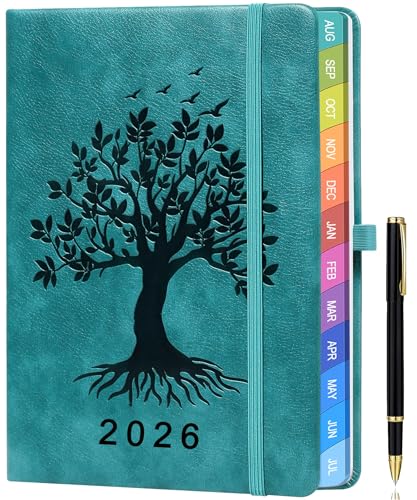 Kalender 2026 A5 – Wochenplaner & Terminplaner mit Monatsübersicht, Januar bis Dezember 2026, Baum-des-Lebens-Design, mit bunten Monatsregistern, Innentasche & Stift - Seegrün von ZXHQ