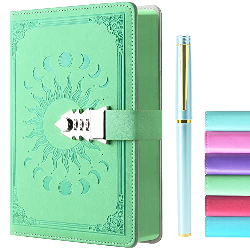 Tagebuch mit Schloss - A5 Notizbuch mit Stift Set, Nachfüllbares Leder Journal mit Buntem Seitenrand für Mädchen, Frauen, Männer und Jugendliche A5 Größe (21x15cm) Grün von ZXHQ