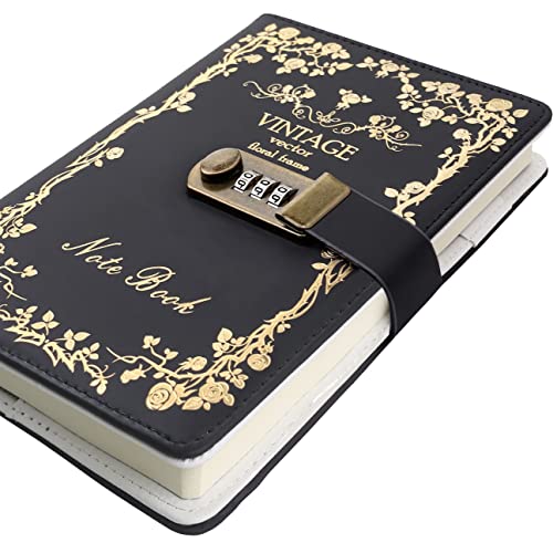 Tagebuch mit Schloss für Mädchen und Frauen, geheimes Schloss-Tagebuch mit, nachfüllbares Notizbuch aus Kunstleder, Größe A5 (21 x 15 cm) Schwarz von ZXHQ