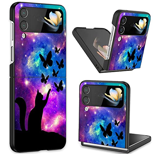 ZXHSBROK Für Samsung Galaxy Z Flip 3 Handyhülle, Slim Fit Hard PC Stoßfest Anti-Scratch Fold Schutzhülle für Samsung Galaxy Z Flip 3 5G 2021, Galaxy Nebula Katze und Schmetterling von ZXHSBROK