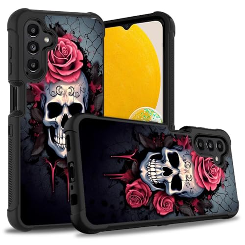 ZXHSBROK Galaxy A13 5G Handyhülle, Heavy Duty 3 in 1 Hybrid Hartplastik & Weiches Silikon Stoßfest Fallschutz Case für Samsung Galaxy A13 5G, Skull Rose von ZXHSBROK