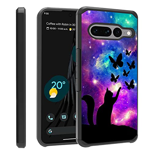 ZXHSBROK Google Pixel 7 Pro Hülle, Heavy Duty 2 in 1 Dual Layer Hybrid Hard PC & Soft Silikon Stoßfest Schutzhülle für Google Pixel 7 Pro 5G (2022), Galaxy Nebula Katze und Schmetterling von ZXHSBROK