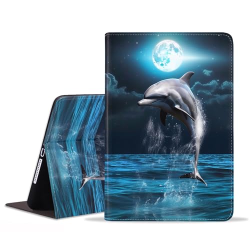 ZXHSBROK Schutzhülle für Samsung Galaxy Tab A8 10,5 Zoll 2022 (Modell: SM-X200/X205/X207) – Slim PU Leder Klappständer Folio Cover mit Auto Sleep/Wake, Delphin Under The Moon von ZXHSBROK
