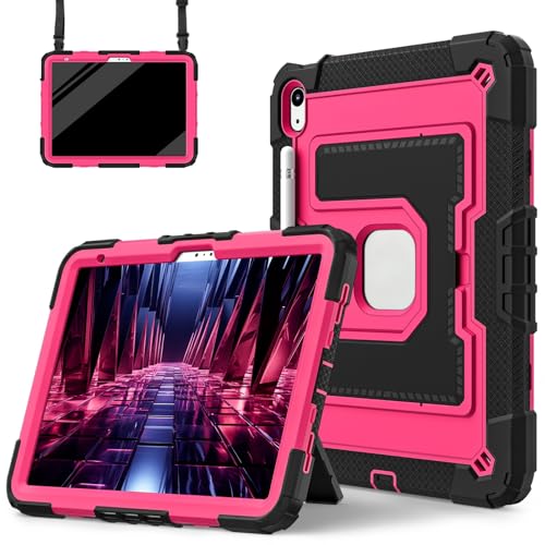 ZXHYliang Schutzhülle geeignet für iPad (A16) 11. Generation 2025, iPad 10. Generation 27,7 cm (11 Zoll) 2022, robuste, robuste Schutzhülle mit integriertem Ständer für Kinder (Schwarz + Rosarot) von ZXHYliang