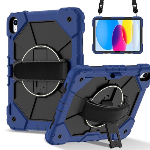 ZXHYliang Schutzhülle kompatibel mit iPad (A16) 11. Generation 2025, iPad 10. Generation 2022, strapazierfähig, mit Ständer, Handschlaufe, Schultergurt (Marineblau + Schwarz) von ZXHYliang