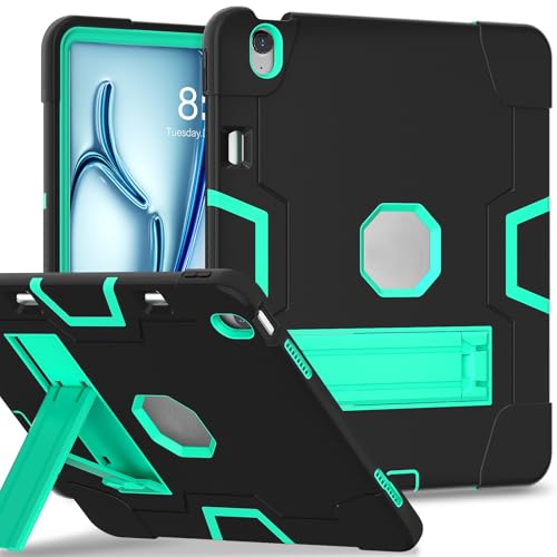 ZXHYliang Schutzhülle kompatibel mit iPad Air 13 Zoll M3 / M2 (2025/2024), robuste Schutzhülle mit 3-lagiger Struktur, tragbar, Hybrid-Schutzhülle mit Ständer, Kinderabdeckung, Schwarz + Aquamarin von ZXHYliang