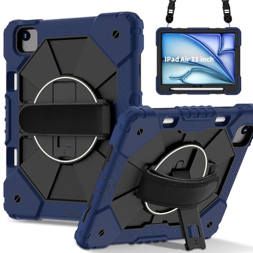 ZXHYliang Schutzhülle kompatibel mit iPad Air 27,9 cm (11 Zoll), M3/M2 (2025/2024), für iPad Air 7. / 6. Generation, strapazierfähig, mit Stifthalter, Ständer, Handschlaufe, Schultergurt (Marineblau + von ZXHYliang