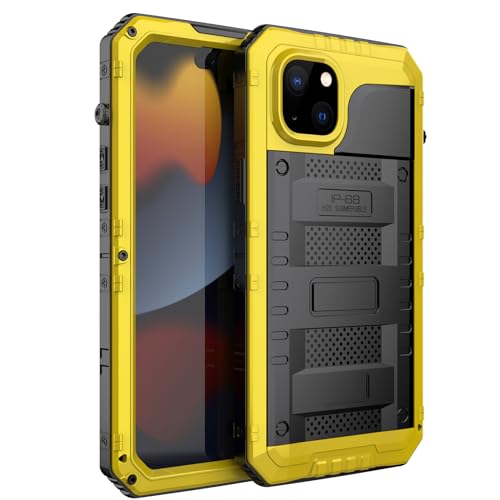 ZXHYliang Wasserdichte Schutzhülle für iPhone 15, robuste militärische Qualität, Fallschutz, Handyhülle mit integriertem Displayschutz, 360° Rundumschutz, Metallpanzerung, sturzsichere Hülle, Gelb von ZXHYliang