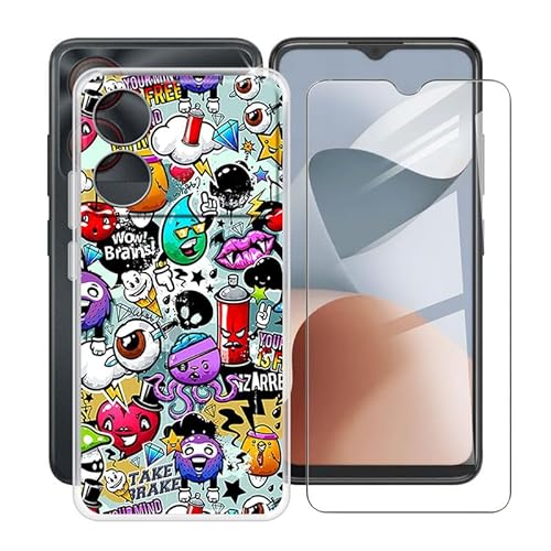 ZXLZKQ Handyhülle für ZTE Blade A34 (6.6 Zoll) + Gehärtetes Glas Schutzfolie, Stoßfest Silikon Schutzhülle Tasche Ultradünne weiches TPU Case Hülle für ZTE Blade A34 - Graffiti von ZXLZKQ