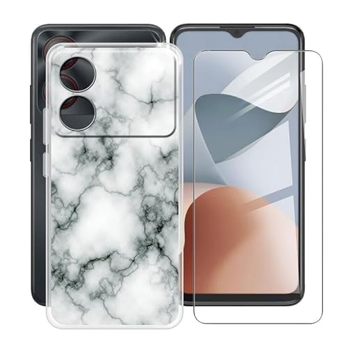 ZXLZKQ Handyhülle für ZTE Blade A34 (6.6 Zoll) + Gehärtetes Glas Schutzfolie, Stoßfest Silikon Schutzhülle Tasche Ultradünne weiches TPU Case Hülle für ZTE Blade A34 - Marmor von ZXLZKQ