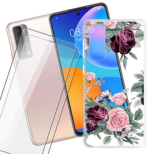 ZXLZKQ Hülle + 2 Stück für Panzerglas Schutzfolie für Huawei P smart 2021 (6.67 Zoll), Transparent hülle silikon Bumper Cover TPU Case Handyhülle Und 9H Gehärtetes Glas Film - rote Rose von ZXLZKQ