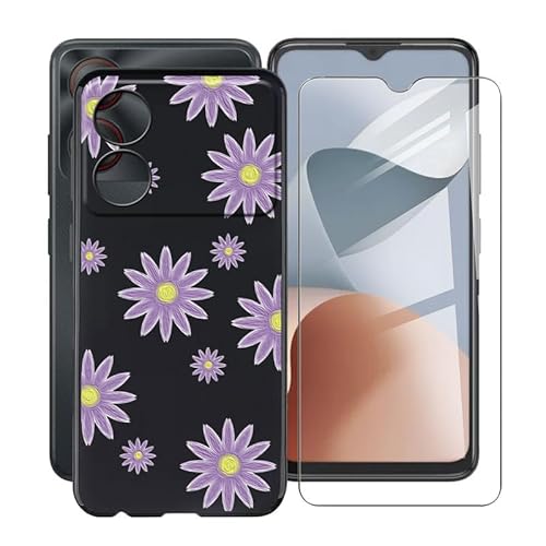 ZXLZKQ Hülle für ZTE Blade A34 (6.6 Zoll) Mit 1 X Gehärtetem Glas Schutzfolie, Ultradünne Schwarz Kratzfest Weich Silikon TPU Bumper Schutzhülle Cover für ZTE Blade A34 - lila Blume von ZXLZKQ