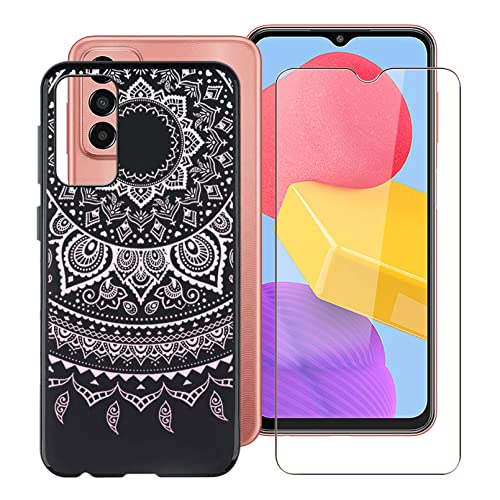 ZXLZKQ Schwarz TPU Bumper Handyhülle Hülle für Samsung Galaxy M13 (6.6 Zoll) Mit 1 X Schutzfolie, Kratzfest Weich Silikon Schutzhülle Cover + Gehärtetem Glasfolie - Rosa Mandala von ZXLZKQ