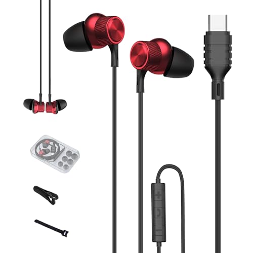USB C Kopfhörer mit Kabel,In-Ear Kopfhörer USB C,Typ C Kopfhörer mit Mikrofon für Samsung Galaxy A53 A54 S23 S22 Ultra S21 iPhone 15 iPad Pro Air Huawei Mate 60 pro P40 Google Pixel OnePlus(Rot) von ZXQ