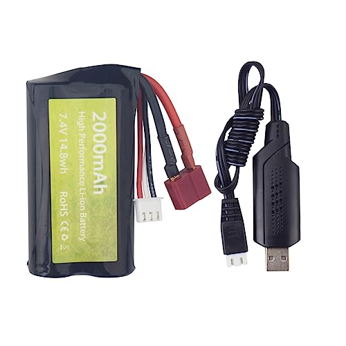 ZYGY 1PCS 7.4V 2000mAh Lithium-Batterie mit T-Stecker und USB-Ladekabel für 55-DJ02 9155 9156 HM121 HM124 HM163 WLOTYS 12403 12428 YC200 YC200 RC Fernbedienung Auto High-Speed Spielzeugauto von ZYGY