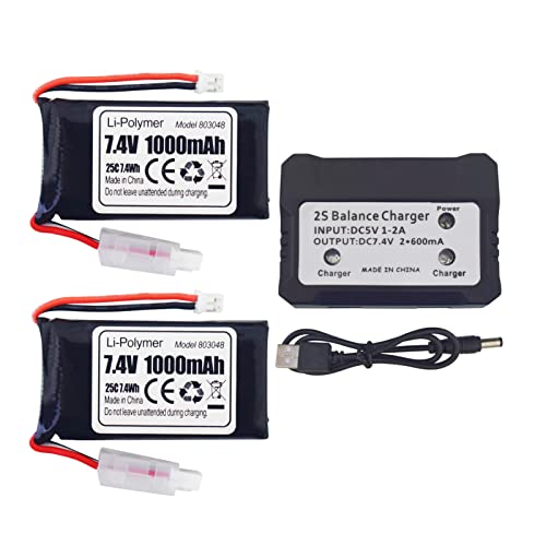 ZYGY 2PCS 7.4V 1000mAh Lithiumbatterie PH2.0 Plug mit 2 in 1 Ladegerät für SCX24 Fernbedienung Auto RC-LKW 1: 24 Verhältnis SCX24 Fernbedienung Elektrische Kletterauto-Backup-Batterie von ZYGY