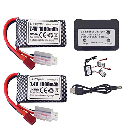 ZYGY 2PCS 7.4V 1000mAh T-Stecker Lithium Batterie + 2in1 Ladegerät für 18858 18859 18859A 18859E HM163 HM164 35-DJ03 35-DJ04 SN-DJ02 16889A 16890 2845 2846 Q901 Q902 Q903 RC Auto Drohne von ZYGY