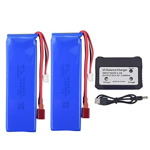 ZYGY 2PCS 7.4V 2200mah hoher Vergrößerung T-Stecker Lithium Batterie + 2in1 Ladegerät für WLtoys K949 10428 10428-A L202 RC High-Speed Fernbedienung Auto von ZYGY