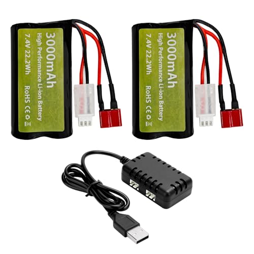 ZYGY 2PCS 7.4V 3000mAh 15C 2S Li-Ion Batterie mit T-förmigem Stecker und 1 Ladegerät 2 Ladegeräte für WLtoys 12423 MJX 14301 14302 14303 H16PL 1/10, 1/12, 1/16 RC ferngesteuertes Auto/Schiff ZYGY 2PCS 7.4V 3000mAh 15C 2S Li-Ion Batterie mit T-förmigem Stecker und 1 Ladegerät 2 Ladegeräte für WLtoys 12423 MJX 14301 14302 14303 H16PL 1/10, 1/12, 1/16 RC ferngesteuertes Auto/Schiff von ZYGY