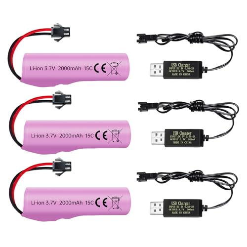 ZYGY 3PCS 3.7V 2000mah SM-2P Stecker Lithium Batterie mit USB Ladekabel für DE68 DE44 DE45W DE45 DE58 DE49 DE57 DE70 Geländefahrzeug/LKW/Tank/RC Fernbedienung Spielzeug Auto von ZYGY