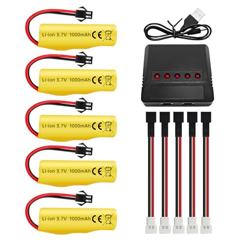 ZYGY 5PCS 3.7V 1000mAh Li Ion Batterie mit 5-in-1 Ladegerät für TB202 TB201 TM201 TM202 TC141 DE35 DE38 DE40 DE50 DE84 S767 SL-356A 1220A RC Stunt Auto RC Fernbedienung Spielzeug Auto RC Rolling Auto von ZYGY