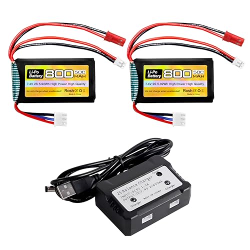 ZYGY 7.4V 2S 50C 800mAh Lithiumbatterie+JST+PH2.0 Stecker mit 2-in-1 Ladegerät für SCX24 Fernsteuerungsfahrzeug ，Kompatibel mit den meisten 1/10, 1/16, 1/18，1/24 Skala RC Autos, LKWs und RC Drohnen von ZYGY