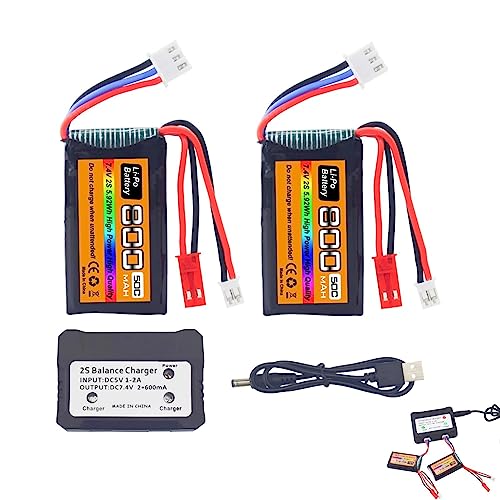 ZYGY 7.4V 2S 50C 800mAh Lithiumbatterie+JST+PH2.0 Stecker mit 2-in-1 Ladegerät für SCX24 Fernsteuerungsfahrzeug ，Kompatibel mit den meisten 1/10, 1/16, 1/18，1/24 Skala RC Autos, LKWs und RC Drohnen von ZYGY