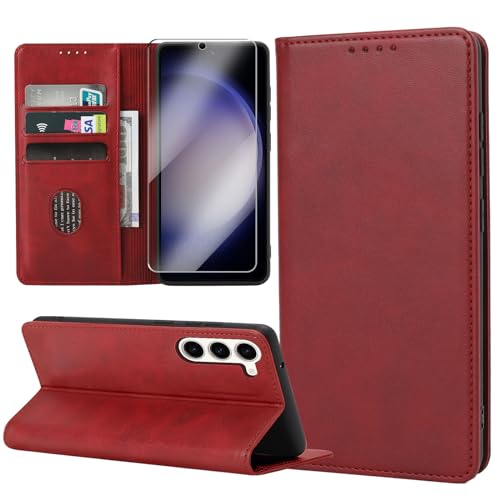 ZYIMOU Handyhülle für Samsung Galaxy S23 5G Hülle mit Schutzfolie, Leder Schutzhülle Standfunktion Kartenfach Wallet Klapphülle Samsung Galaxy S23 5G Flip Case Cover, Rot von ZYIMOU