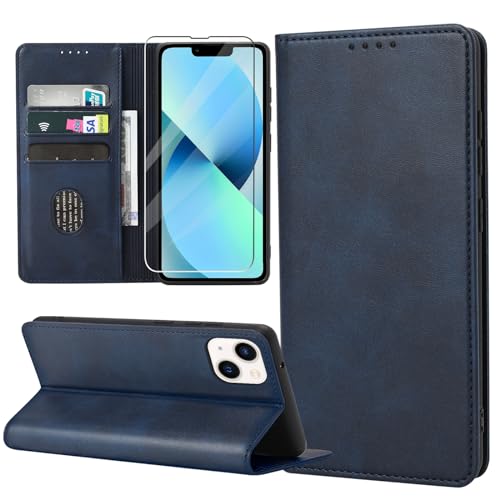 ZYIMOU Handyhülle für iPhone 13 Hülle mit Schutzfolie, Leder Schutzhülle Standfunktion Kartenfach Wallet Klapphülle iPhone 13 6.1 Zoll Flip Case Cover, Blau von ZYIMOU