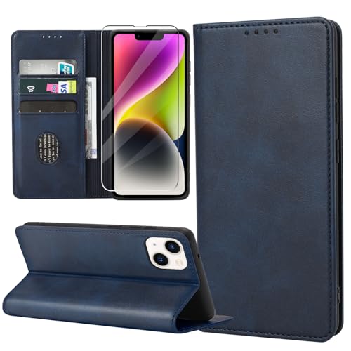 ZYIMOU Handyhülle für iPhone 14 Hülle mit Schutzfolie, Leder Schutzhülle Standfunktion Kartenfach Wallet Klapphülle iPhone 14 Flip Case Cover, Blau von ZYIMOU