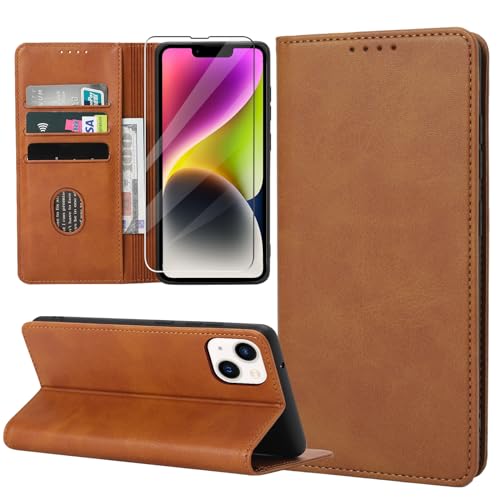 ZYIMOU Handyhülle für iPhone 14 Hülle mit Schutzfolie, Leder Schutzhülle Standfunktion Kartenfach Wallet Klapphülle iPhone 14 Flip Case Cover, Braun von ZYIMOU