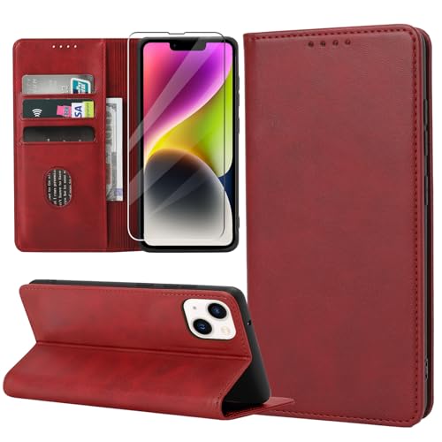 ZYIMOU Handyhülle für iPhone 14 Hülle mit Schutzfolie, Leder Schutzhülle Standfunktion Kartenfach Wallet Klapphülle iPhone 14 Flip Case Cover, Rot von ZYIMOU