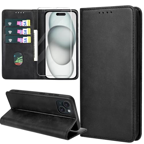 ZYIMOU Handyhülle für iPhone 15 Plus Hülle mit Schutzfolie, Leder Schutzhülle Standfunktion Kartenfach Wallet Klapphülle iPhone 15 Plus Flip Case Cover, Schwarz von ZYIMOU