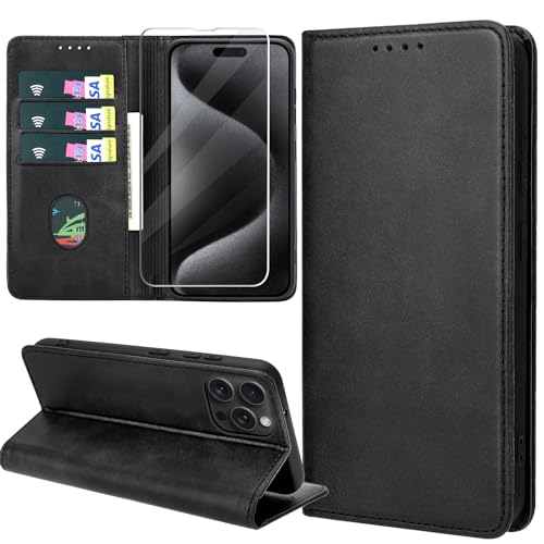 ZYIMOU Handyhülle für iPhone 15 Pro Hülle mit Schutzfolie, Leder Schutzhülle Standfunktion Kartenfach Wallet Klapphülle iPhone 15 Pro Flip Case Cover, Schwarz von ZYIMOU