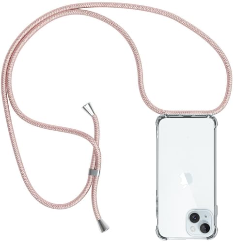 ZYIMOU für iPhone 15 Hülle mit Band, Handyhülle für iPhone 15 Handykette Hülle mit Kette Schutzhülle Kordel zum Umhängen Transparent Weich TPU Silikon Bumper, Rosé Gold von ZYIMOU