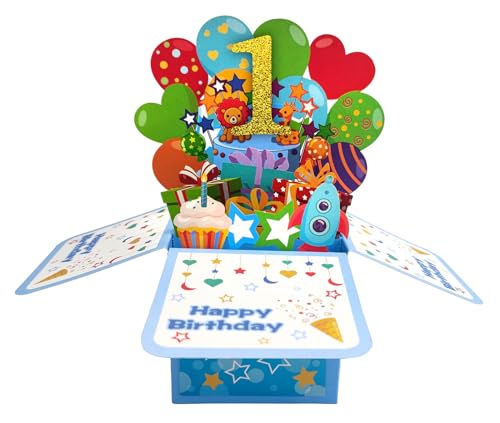ZYOOO® 3D Pop Up Karten Blau 1 Jahr mit Umschlag,Jungs Grußkarten Geburtstag Geburtstagskarte Zum 1.für eine Babyparty,Baby Shower Party von ZYOOO lift