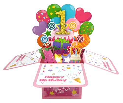 ZYOOO® 3D Pop Up Karten Rosa 1 Jahr mit Umschlag,Mädchen Grußkarten Geburtstag Geburtstagskarte Zum 1.für eine Babyparty,Baby Shower Party von ZYOOO lift