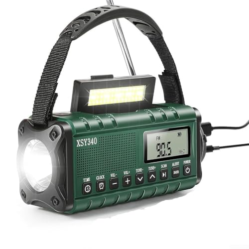 Smartes Wetterradio, UKW/AM-Radio, Solar & Handkurbel, USB-C, mit 10000 mAh Powerbank, 3 W Taschenlampe, für Notfälle, Camping (Armeegrün) von ZYWUOY