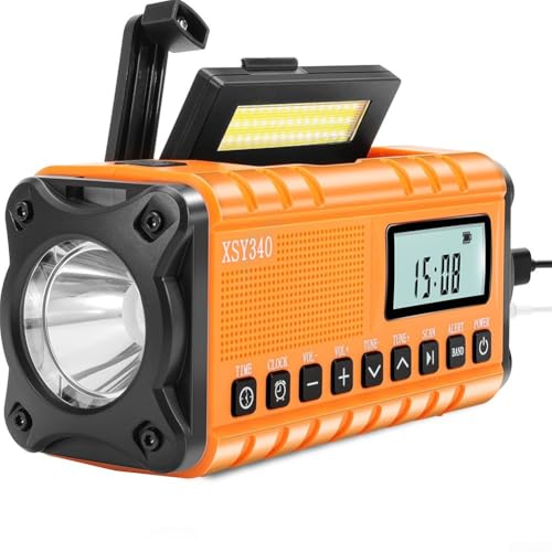 Smartes Wetterradio, UKW/AM-Radio, Solar & Handkurbel, USB-C, mit 10000 mAh Powerbank, 3 W Taschenlampe, für Notfälle, Camping (Orange) von ZYWUOY