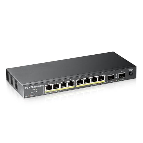 Zyxel 10-Port Gigabit Unmanged PoE+ Switch, 8 Ports mit PoE 130 Watt max. 2 SFP-Ports - Design ohne Lüfter fanless [GS1100-10HP] von ZYXEL