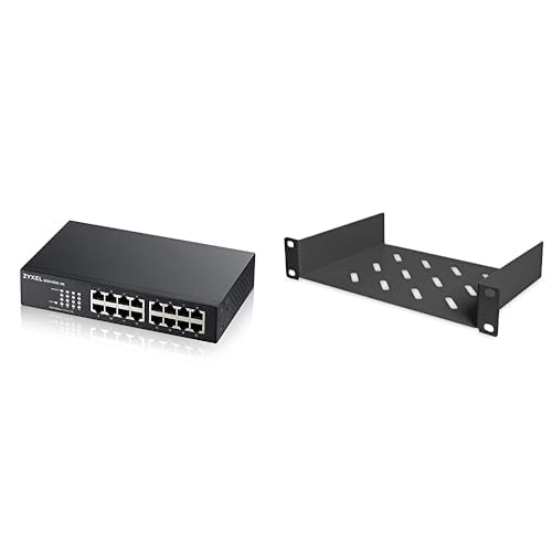 Zyxel 16-Port Gigabit Ethernet Unmanaged Switch - Design ohne Lüfter[GS1100-16v3] & DIGITUS Fachboden - 1HE - 10-Zoll (254 mm) - Für Netzwerk-Schrank - 150 mm Tief - Perforiertes Stahl-Blech - Schwarz von ZYXEL