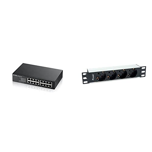 Zyxel 16-Port Gigabit Ethernet Unmanaged Switch - Design ohne Lüfter [GS1100-16v3] & Equip 333311 Steckdosenleiste 10"(1HE) 4fach Schuko.CEE 1,8m von ZYXEL